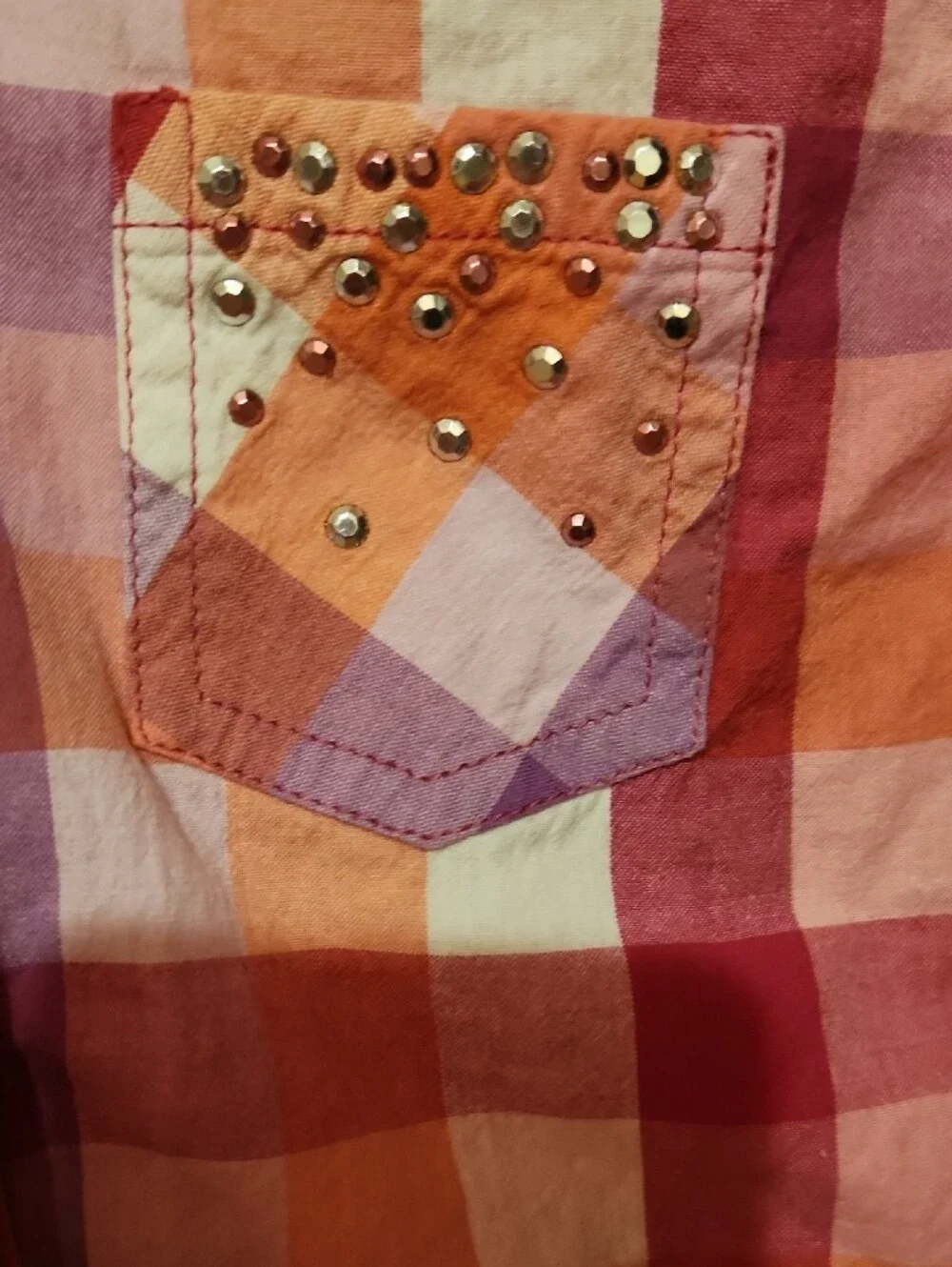 Justice Pink Orange Plaid Button-Down Shirt with Studded Pocket